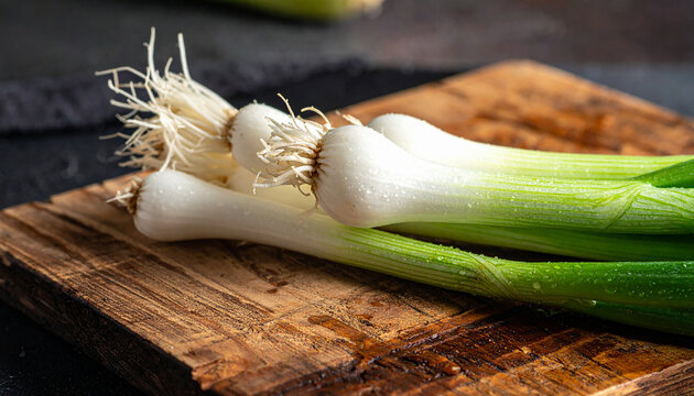 Fresh Green Onions with Roots on a Wooden Cutting Board spring onion scallion