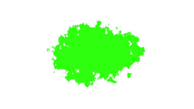 Transitions of green expanding paint stains on white backdrop Grunge Ink spreads and fills the screen. green ink splat screen. green watercolor ink leak drops transition paint.