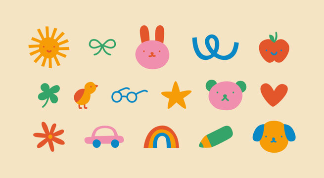 Colorful funny children doodle icon set. Cute happy kid drawing symbol collection, diverse education concept illustration bundle. Hand drawn diverse graphic elements. Includes dog, apple, rainbow.