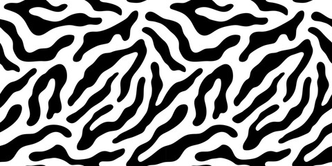 Black and white animal print style seamless pattern. Hand drawn organic stripe background illustration. Zebra stripes wallpaper art texture, fun creative leopard fur cartoon repeat design.