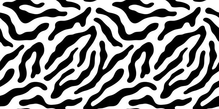 Black and white animal print style seamless pattern. Hand drawn organic stripe background illustration. Zebra stripes wallpaper art texture, fun creative leopard fur cartoon repeat design.