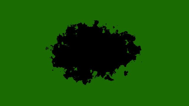 Transitions of black expanding paint stains on green screen Grunge Ink spreads and fills the screen. black ink splat screen. black watercolor ink leak drops transition paint.