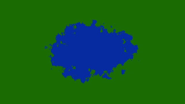 Transitions of blue expanding paint stains on green screen Grunge Ink spreads and fills the screen. blue ink splat screen. blue watercolor ink leak drops transition paint.