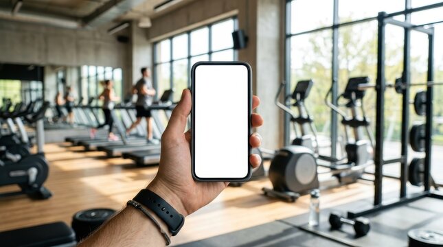 Close-up of a hand holding a smartphone with a blank screen in a modern gym, with people exercising on treadmills in the background.