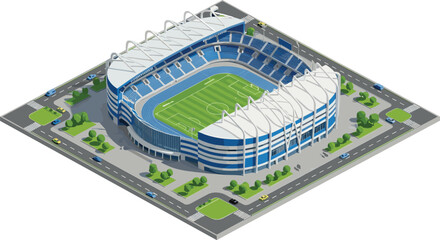 Isometric vector illustration of modern sports stadium with soccer field, running track, urban roads, cars, and landscaped green surroundings © Mstmaymunakhatun