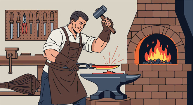 A blacksmith in an apron hammers a glowing metal blade on an anvil in a shop