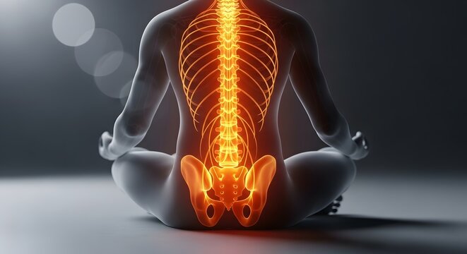 Spinal cord and rib cage skeletal visualization. Holistic health and nervous system balance. Silhouette of person meditating with glowing spinal column and ribs