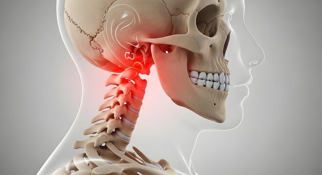 Jaw joint and upper neck vertebrae pain. Temporomandibular joint disorder and dentistry. Profile view of human skull with red inflammation at the ear and neck