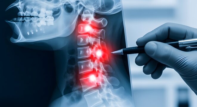 Cervical spine X-ray with degenerative disc disease. Radiology and spinal diagnostics. Hand in blue glove pointing at inflamed neck vertebrae on a scan