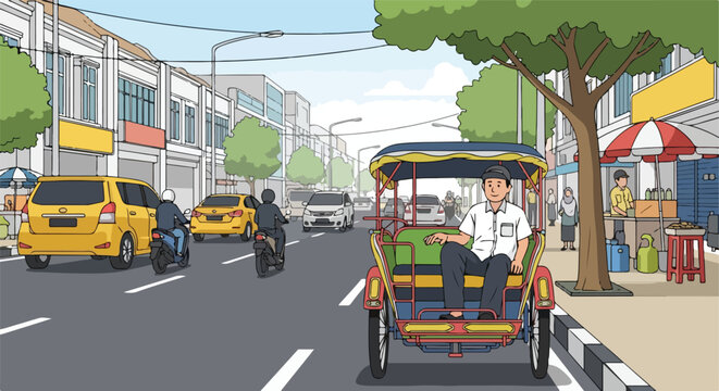 A man drives a pedicab along a busy street with cars, scooters, and a food stall