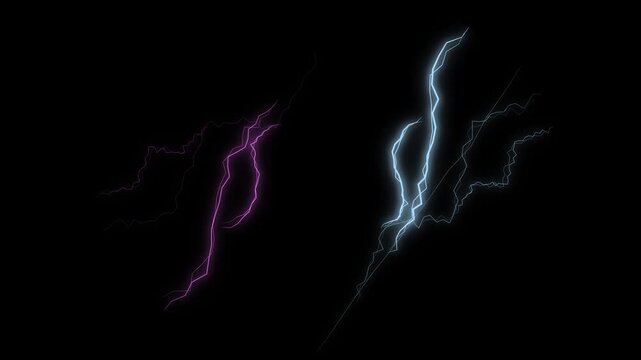 Glowing lightning bolt energy beam flashing with electric pulses, dramatic storm animation realistic thunder effect visual, cinematic overlay seamless on dark black background. 4K