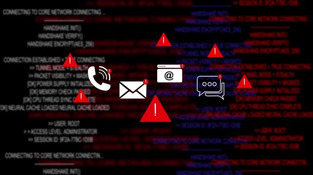 Digital firewall breach alert warning system security threat detected with digital code background and 4k black background icon animation