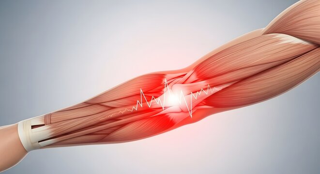 Arm muscle pain and tendonitis inflammation. Sports injury and physical therapy treatment. Human arm anatomy with red glowing elbow pain pulse