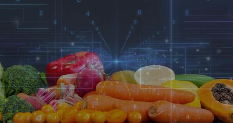 Obraz premium Displaying fresh produce on dark reflective surface at studio, showing carrots, papaya, HUD overlay