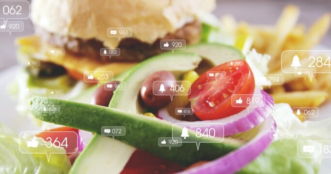 Displaying salad with avocado, cherry tomato, red onion on cafe table, with social bubbles