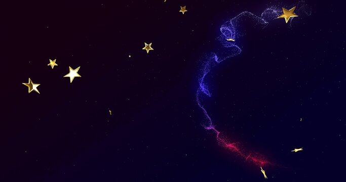 Curving nebula stream sweeping right across cosmic backdrop, showing gold star shapes, copy space