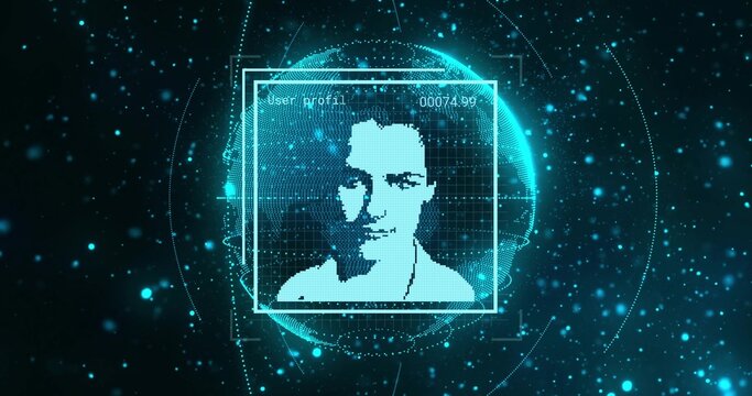 Displaying pixelated collared bust glowing inside square HUD in cyberspace, with wireframe globe