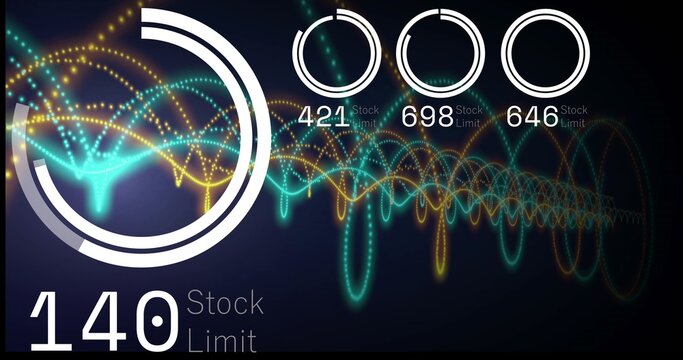 Displaying large ringed gauge left of panel, showing neon waveforms and 140 Stock Limit, copy space