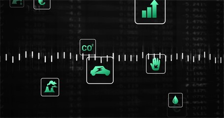 Naklejka premium Displaying central waveform timeline on dashboard, showing teal EV car with bolt and CO2