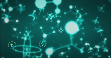 Glowing prominent round node linking nodes in digital art, showing power plug dollar recycle icons © vectorfusionart