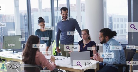 Discussing five-person team in business attire at conference table, with laptop and AR overlays © vectorfusionart