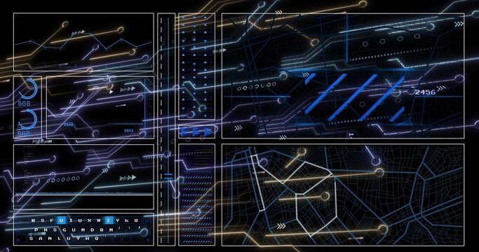Displaying futuristic digital dashboard glowing on dark void, showing panels, gauges, map grid 2456