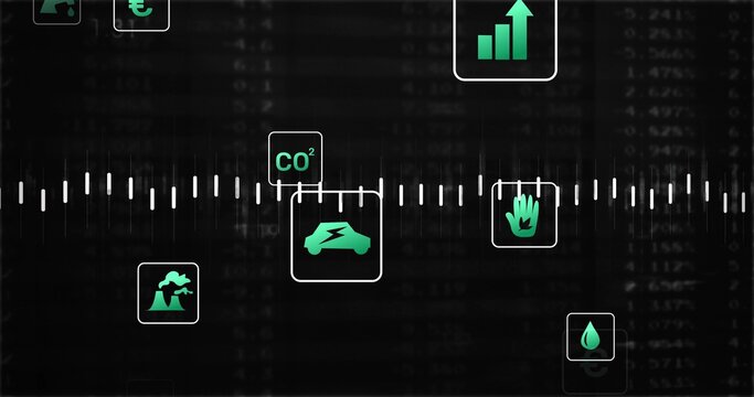 Displaying central waveform timeline on dashboard, showing teal EV car with bolt and CO2
