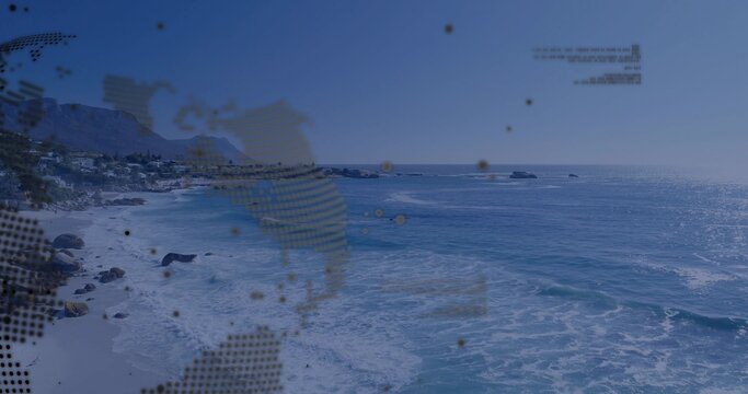 Breaking ocean waves sending white foam toward sandy beach by coastal houses, with halftone overlay
