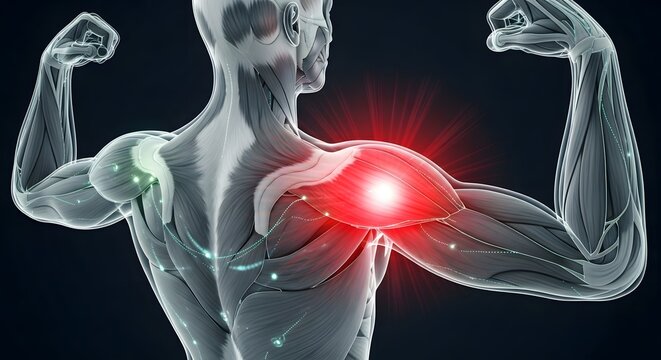 Shoulder muscle pain and deltoid injury illustration. Anatomy of human back and athletic strain. 3D rendering of a muscular man showing glowing red pain points in the shoulder