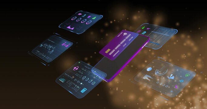 Floating angled purple phone showing overlaying purple tap card and holo UI panels in virtual dash