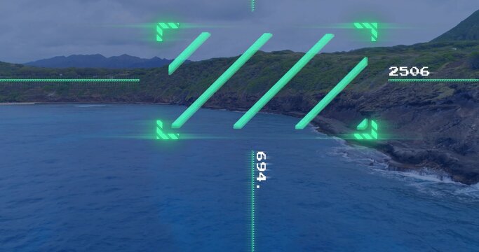 Surveying central ocean showing HUD overlay over coastal bay with numeric readouts 694 or 2506