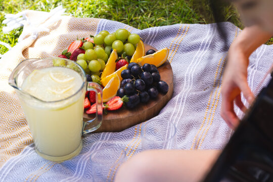 Asian woman typing on laptop at picnic blanket, with wooden platter of fruit and lemonade pitcher