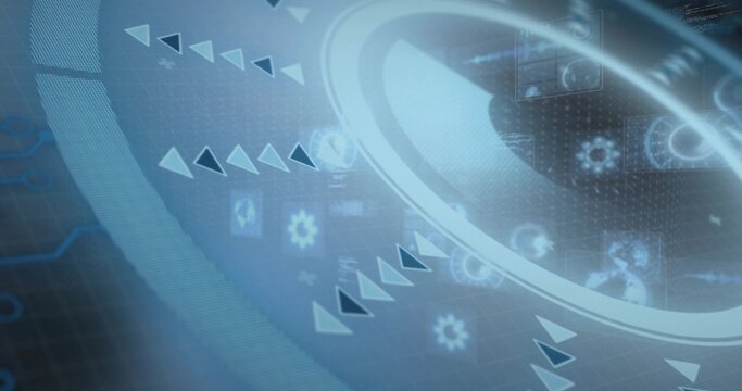 Displaying futuristic HUD ring glowing on digital dashboard, showing arrow band and thumb panels