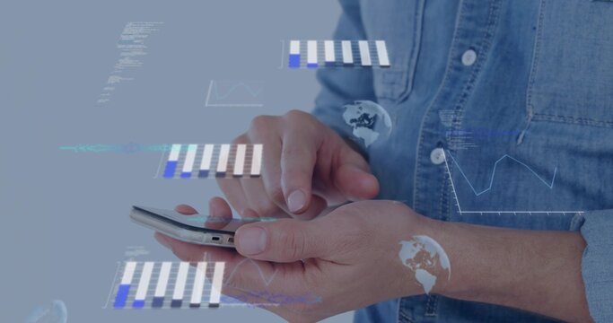 Tapping male hands using smartphone in studio, denim shirt showing data visualizations on screen