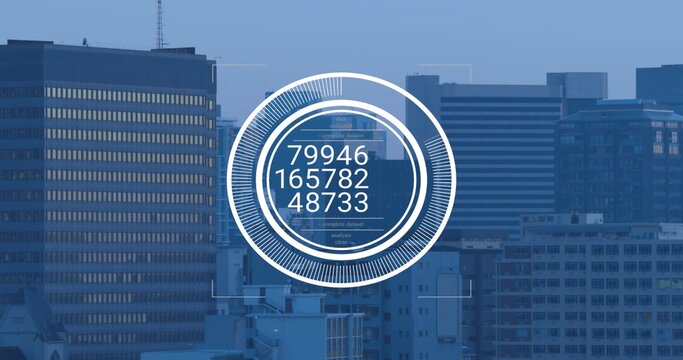Displaying white circular HUD overlay showing numeric sequences over elevated rooftop city skyline