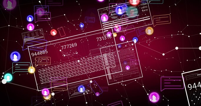 Showing wireframe keyboard and panels on magenta-black gradient, displaying avatars, chats, IDs