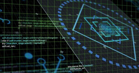 Naklejka premium Showing angled green grid plane in digital HUD tracing cyan hex target, dashed path, glowing nodes