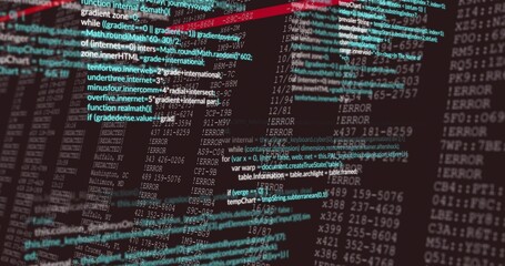 Displaying source code overlay on dev screen at desk, with ERROR columns, teal highlights, red bar © vectorfusionart