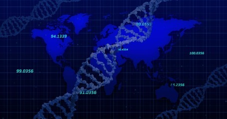 Naklejka premium Displaying textured DNA helix crossing world map over navy grid, showing cyan numeric readouts