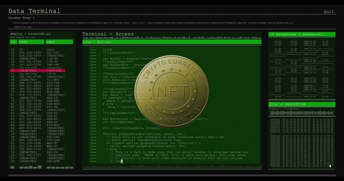 Displaying metallic gold NFT coin centered on terminal, showing code pane, left list, right hex
