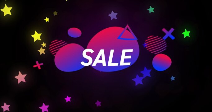 Displaying bold SALE text over black backdrop, with three magenta-purple-blue blobs and stars