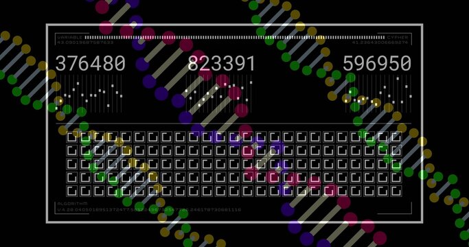 Displaying white-framed panel showing three numeric counters on black field with helix motifs