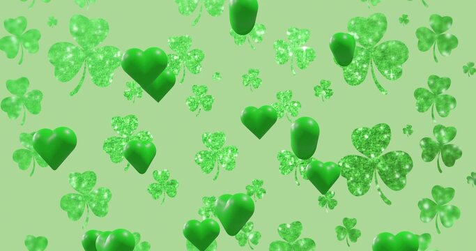 Displaying repeating pattern covering pale green field, with sparkly shamrocks and glossy hearts