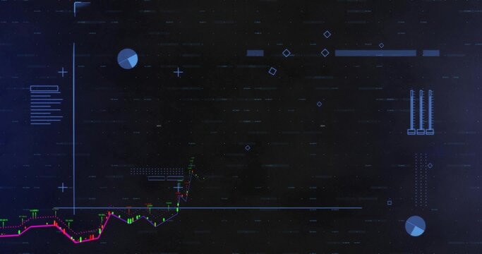 Displaying candlestick chart with magenta line on dark trading dashboard, showing pie icons, axis