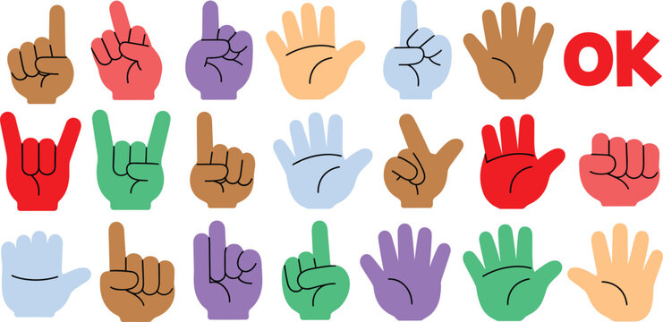 Colorful hand gesture icon set featuring diverse skin tones with thumbs up pointing rock on and okay signs for social media communication and user interface design