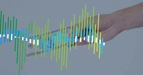 Fototapeta premium Showing bare forearm holding folded US dollar bill at right, waveform overlapping, copy space