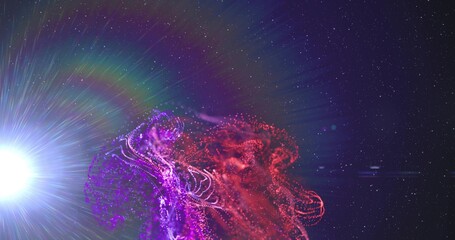 Fototapeta premium Intertwining purple and red particle ribbons flowing in deep space, with white flare halo