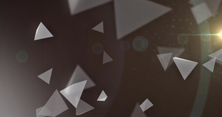 Obraz premium Floating translucent triangular prisms and flat planes forming depth in dark studio with lens flare