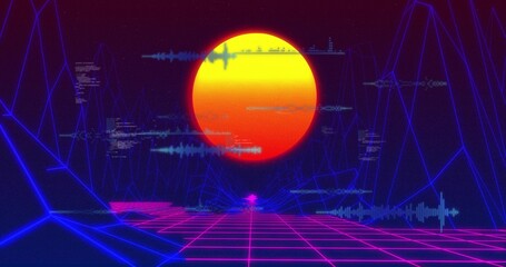Fototapeta premium Glowing large stylized sun dominating horizon, lighting magenta neon grid and blue wireframe peaks
