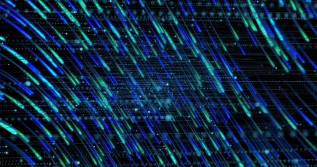Flowing neon blue teal light streaks sweeping diagonally across deep black void with dot grid orbs